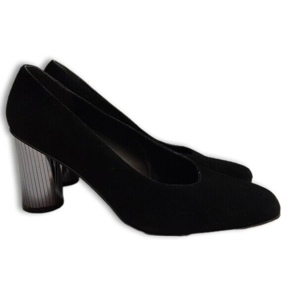 STUART WEITZMAN Mirrored Heels Retro Suede Genuine Leather Pumps Black Sz 7.5 AA - Picture 1 of 16
